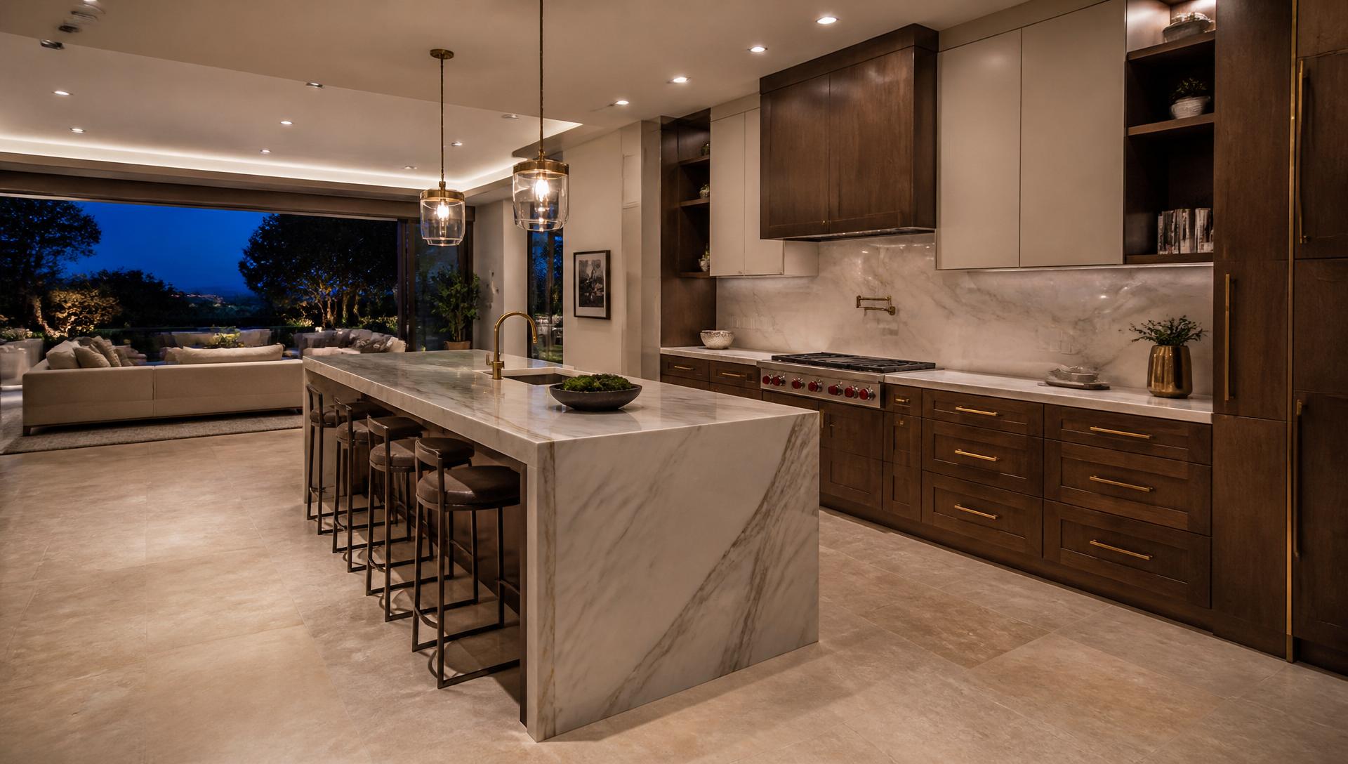 Completed high-end interior renovation with polished stone island, custom cabinetry, and refined lighting
